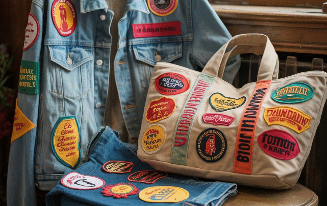 A collection of vintage denim jackets and canvas bags.