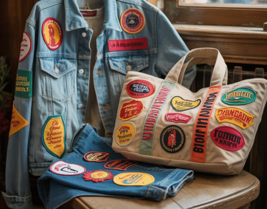 A collection of vintage denim jackets and canvas bags.