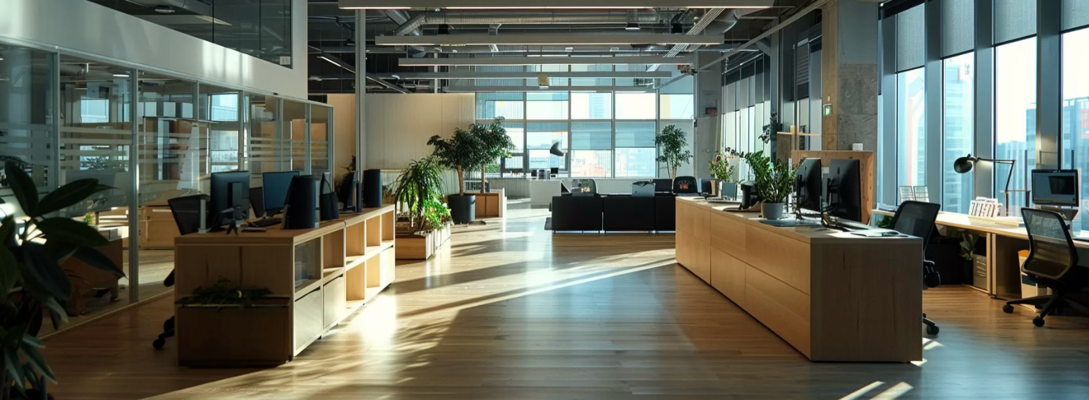 Open-plan office with multiple computers that utilize AI orchestration