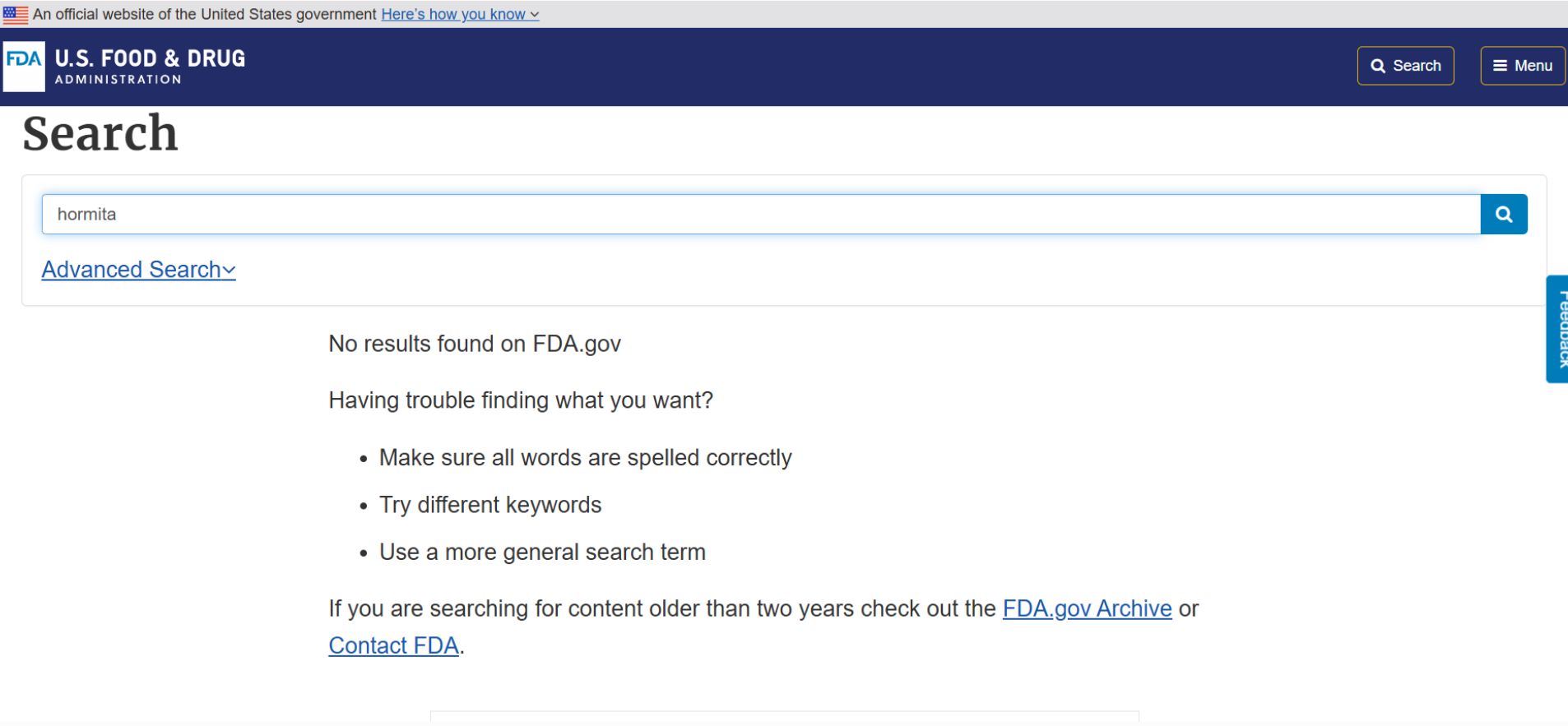 no results found on fda for hormita