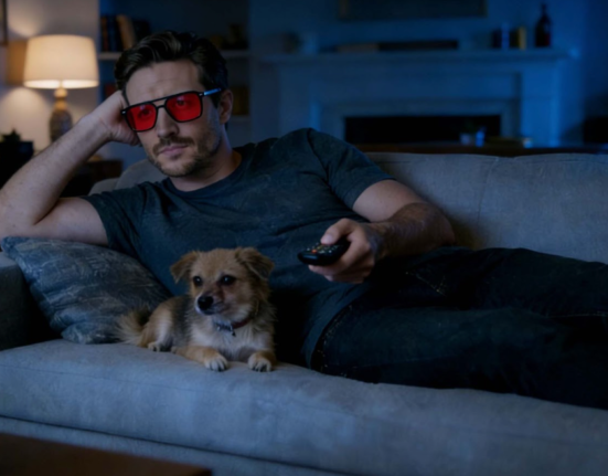 A man wearing Night Ease™ - Sleep Glasses glasses is watching TV on the sofa