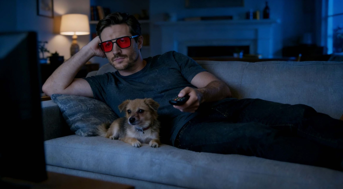 A man wearing Night Ease™ - Sleep Glasses glasses is watching TV on the sofa