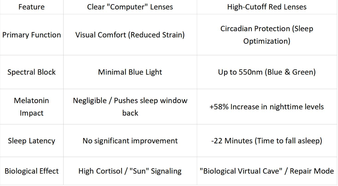 Chart comparing sleep functions of clear and red lenses